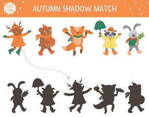 Autumn shadow matching activity for children. Fall season puzzle with cute animals in hats, scarves, boots. Simple educational game for kids. Find the correct silhouette printable worksheet. .