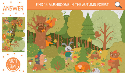 Vector autumn searching game with cute woodland animals. Find hidden mushrooms in the forest. Simple fun educational fall season printable activity for kids.