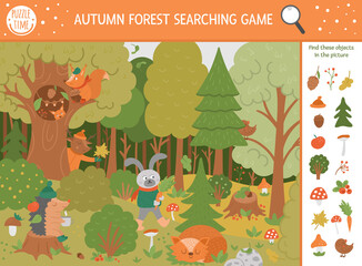 Vector autumn searching game with cute woodland animals. Find hidden objects in the forest. Simple fun educational fall season printable activity for kids with mushrooms, berries, plants.