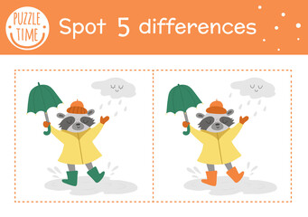 Autumn find differences game for children. Fall season educational activity with raccoon with umbrella under the rain. Printable worksheet with funny smiling animal. Cute forest scene.
