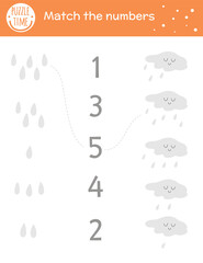 Matching game with cloud and raindrops. Autumn weather math activity for preschool children. Fall season counting worksheet. Educational printable with cute funny elements for kids.