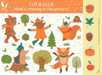 Vector autumn cut and glue activity. Fall season educational crafting game with cute forest animals. Fun activity for kids. What’s missing in the picture printable worksheet.