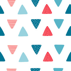 Abstract seamless pattern with triangular flags in cartoon style. Texture for kids room design, Wallpaper, textiles, wrapping paper, apparel. Vector illustration