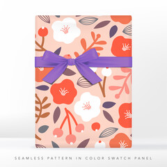 Vector Minimalism Floral Abstract Seamless Pattern, Orange, Coral & White. Gift with Ribbon Illustration.