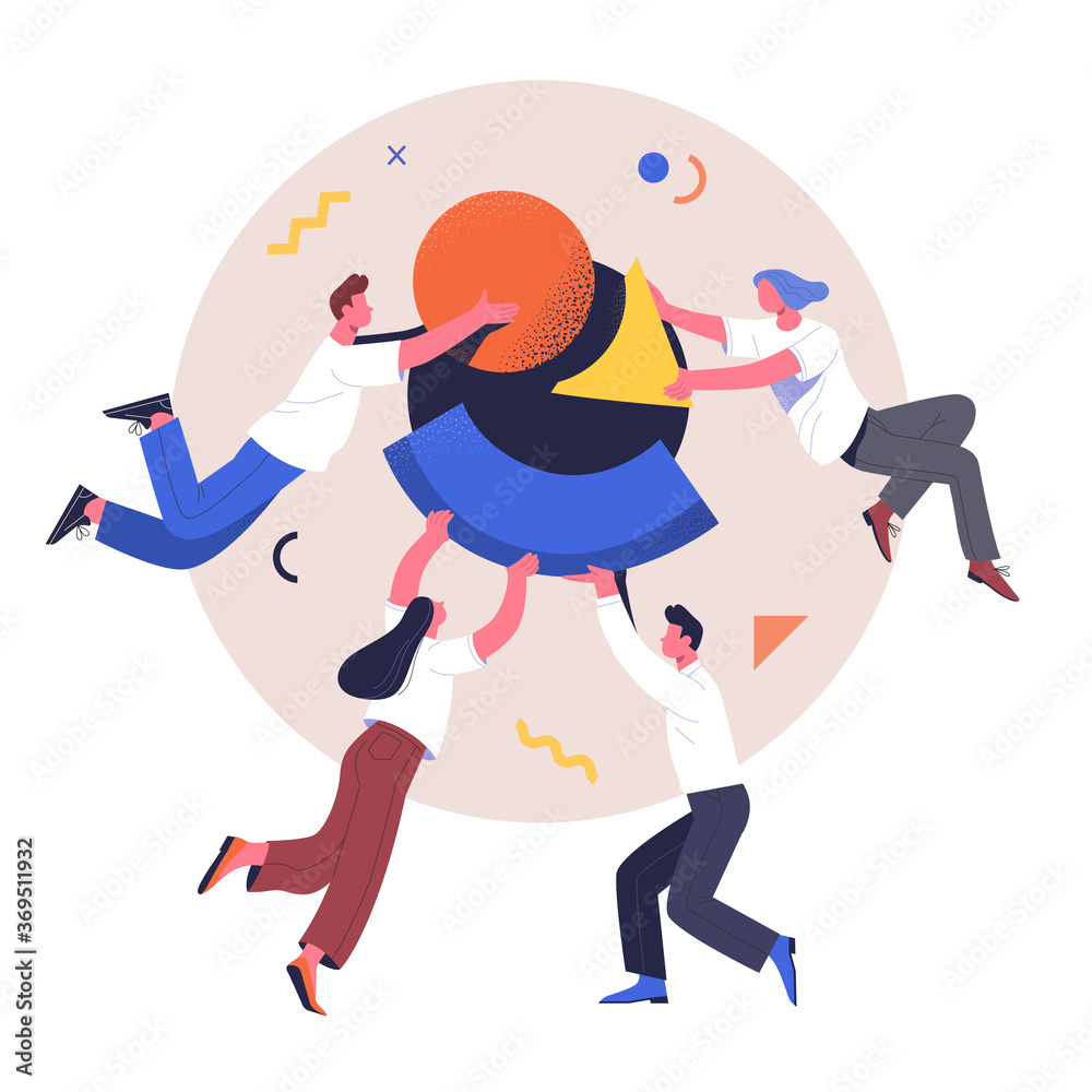 Poster teamwork concept. vector illustration of people with different geometric shapes making one shape. is