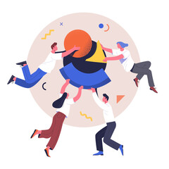 Teamwork concept. Vector illustration of people with different geometric shapes making one shape. Isolated on abstract background