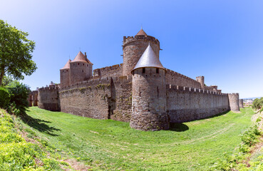 Fototapeta na wymiar Beautiful panoramic view of the Medieval City of Carcassonne in the Aude in France (Panorama wide angle photo)