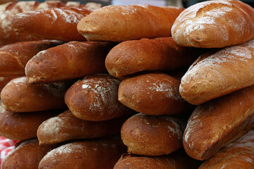 Fresh French baguette bread on retail display