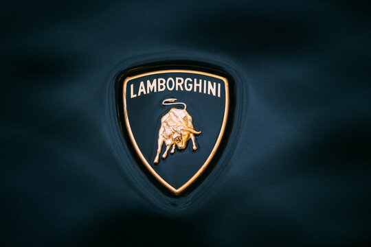 Close Up Logo Of Lamborghini on dark blue background