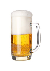 Close up one frothy beer glass isolated on white