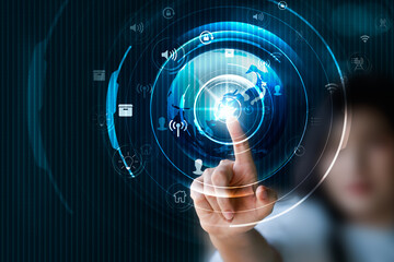 Fototapeta premium Woman hand touching the icons of communication technology, internet worldwide. Global world network Panoramic banner with copy space