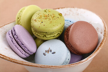French macaroon cookies in bowl