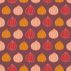 Autumn seamless pattern with colorful physalis on brown background