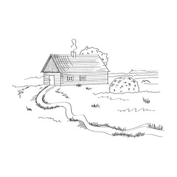 recommend clip art: Wooden house with a haystack in the foreground. Winter landscape.