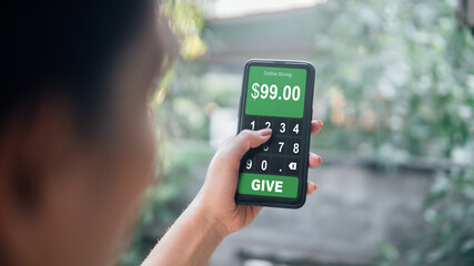 Female hand holding a phone with online giving concept.