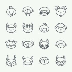 Vector set of outline animal icons. Thin line style animal icons set 2.