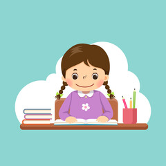 Vector illustration of a cartoon little girl reading a book on the desk.
