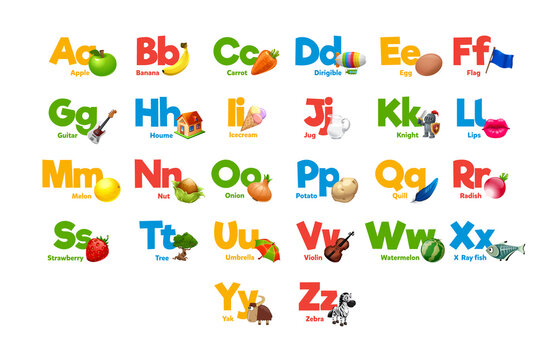 Cute cartoon animals alphabet for children education. Vector illustrations with descriptions. All elements are Letters and words. Flora, fauna, animals. Learn to read. 