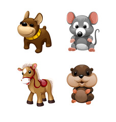 set of cute animals toys. Horse, mouse, dog,
