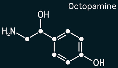 Octopamine molecule. It is biogenic phenylethanolamine, sympathomimetic drug. Skeletal chemical formula on the dark blue background. Illustration