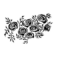 Abstract grunge ink flower background. Roses and leaves black brush pattern. Vector illustration.