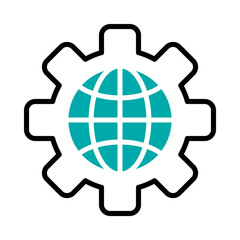 gear wheel with global sphere icon, half line half color style