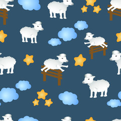 Seamless vector pattern with sheeps, stars, clouds and fence. İdeal for children ''night time'' textile or baby room design
