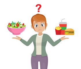 The choice of women. junk food or healthy food.