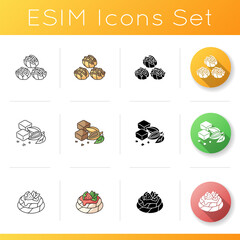 Traditional sweets icons set. Profiteroles. American brownies. Pavlova. European and Australian traditional, cuisine. Linear, black and RGB color styles. Isolated vector illustrations