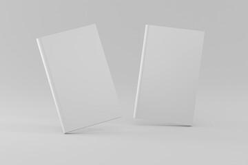 Template of standing blank book cover paperback textured paper , softcover square book on white floor background surface Perspective view, Mockup Magazine Cover, Brochure design. 3d illustration.