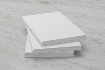 Template of stack blank book cover paperback textured paper , softcover square book on marble floor background surface Perspective view, Mockup Magazine Cover, Brochure design. 3d illustration.