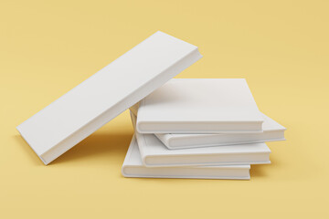 Template of stack blank book cover paperback textured paper, softcover square book on yellow floor background surface Perspective view, Mockup Magazine Cover, Brochure for your design. 3d illustration