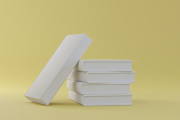 Template of stack blank book cover paperback textured paper, softcover square book on yellow floor background surface Perspective view, Mockup Magazine Cover, Brochure for your design. 3d illustration