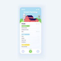 Smart farming app smartphone interface vector template. Mobile app page day mode design layout. Crop planning function on screen. Flat UI for application. Agricultural field productivity phone display