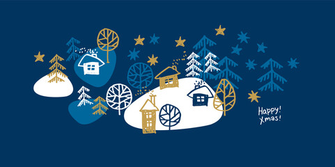 Winter forest with cosy house and xmas trees