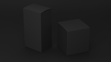 Blank cardboard black package boxes mockup. Medicament realistic square cosmetic, medical or product box packaging , layout of boxes different positions for design or branding, 3d render