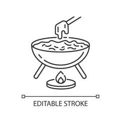 Cheese fondue pixel perfect linear icon. French fast food. Traditional european meal. Thin line customizable illustration. Contour symbol. Vector isolated outline drawing. Editable stroke