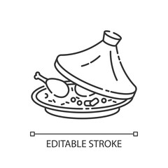 Tagine pixel perfect linear icon. National dish in authentic crockery. Food cooked in pot. Thin line customizable illustration. Contour symbol. Vector isolated outline drawing. Editable stroke