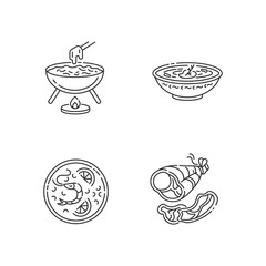 Traditional food pixel perfect linear icons set. Cheese fondu. Ukrainian borscht. Roasted meat. Customizable thin line contour symbols. Isolated vector outline illustrations. Editable stroke