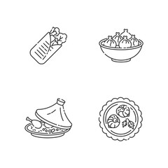 Traditional dish pixel perfect linear icons set. Shawarma from eastern cuisine. Oriental khinkali. Customizable thin line contour symbols. Isolated vector outline illustrations. Editable stroke