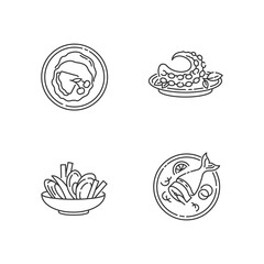 National dish pixel perfect linear icons set. French crepes. Thin pancakes. Soused herring. Customizable thin line contour symbols. Isolated vector outline illustrations. Editable stroke