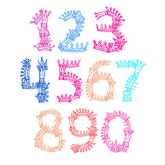Isolated hand drawn vector colorful design cartoon set of numbers with crowns