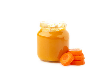 Jar of baby puree with carrot isolated on white background. Vegetable puree