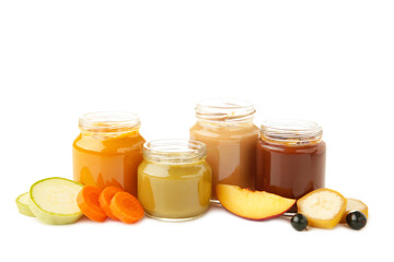 Glass jars with nutrient baby food isolated on white background