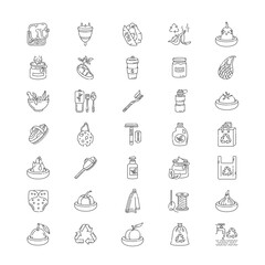 Anticonsumerism linear icons set. Zero waste policy and sustainable lifestyle customizable thin line contour symbols. Environment care. Isolated vector outline illustrations. Editable stroke