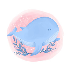 Animal blue whale watercolor illustration. Isolated on white