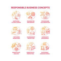 Responsible business red gradient concept icons set. Nurture future leader. Environment protection. Sustainable development idea thin line RGB color illustrations. Vector isolated outline drawings