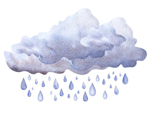 Watercolor image of cumulus fluffy clouds of grey blue color with falling rain drops. Hand drawn illustration of seasonal cloudscape isolated on white background. Decorative element for scrapbooking - 369523116