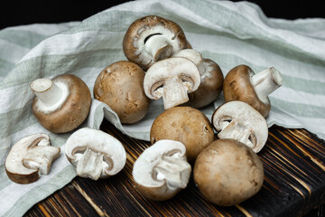 Harvest of mushrooms, old wooden table, country style, selective focus