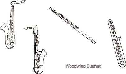 Outline saxophones, sax, bassoon and flute woodwind quartet, black contour on a white background